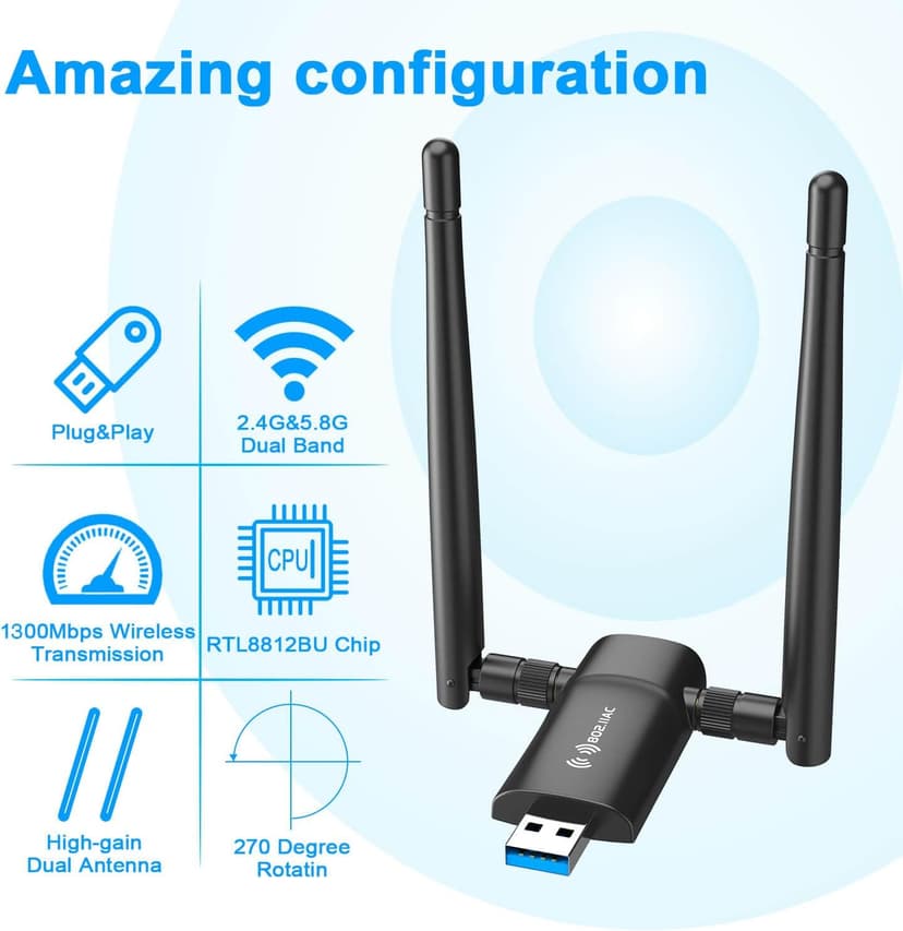 Wireless USB WiFi Adapter for PC - Nineplus 1300Mbps Dual 5Dbi Antennas 5G/2.4G WiFi Adapter for Desktop PC Laptop Windows11/10/8/7/Vista/XP, Wireless Adapters for Desktop Computer Network Adapters