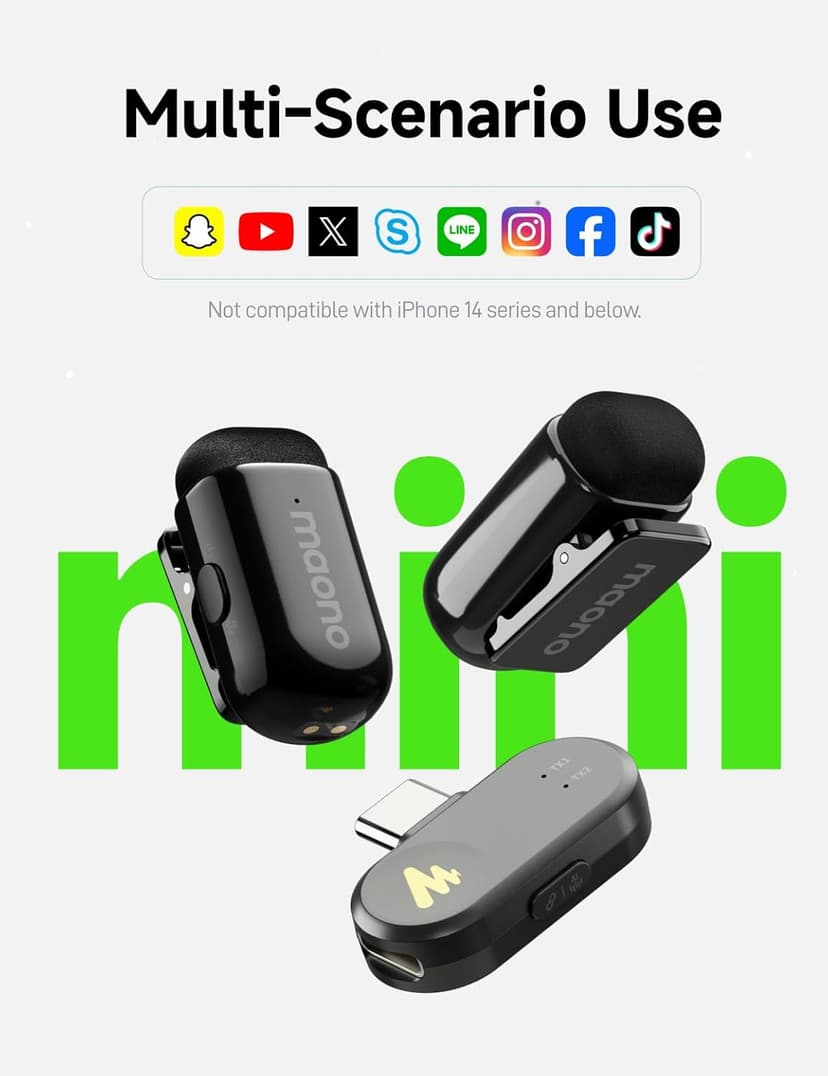 MAONO Wave T1 Mini Wireless Lavalier Microphone for iPhone 16 15, Android, Tablet, PC, Clip on Lapel Mic with USB-C Plug, Noise Cancellation, AI Voice Filter for Video Recording Vlog TikTok YouTube