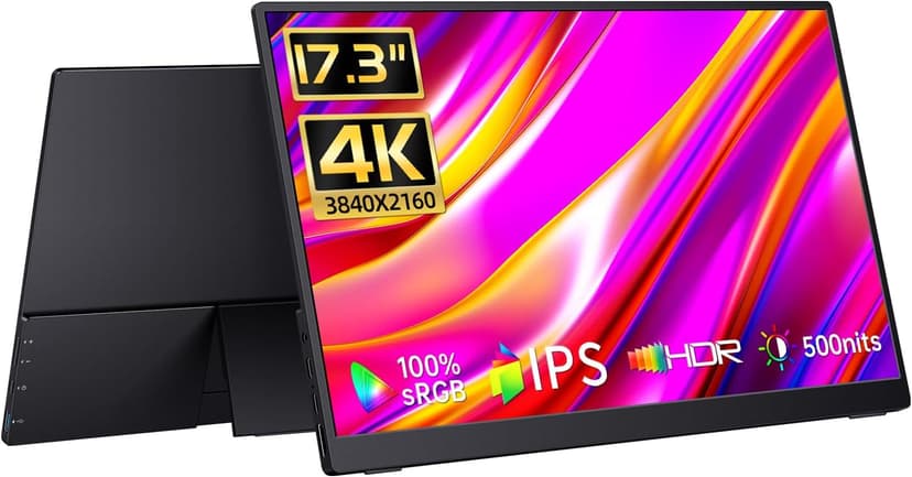 17.3" Portable 4K Monitor, 500 Nits, 3840 * 2160p, 100% Adobe RGB, Travel Monitor with Built-in Kickstand & Speakers, External for Laptop PC, Xbox, Switch, PS4/5
