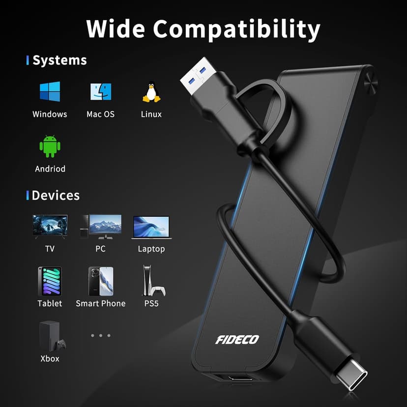 FIDECO M.2 NVMe SSD Enclosure, USB 3.2 Gen 2 to PCIe NVMe Adapter, Sandwich Style Design, Tool-Free Installation, Support UASP and Trim
