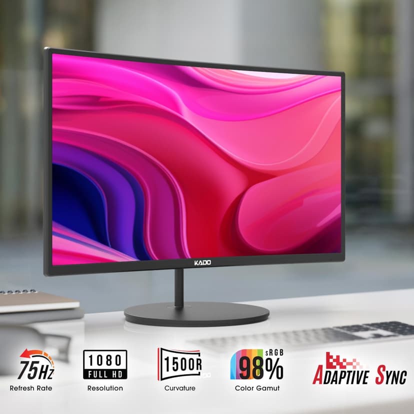 Kado Triple Monitor Setup - 3-Pack 27" 1920x1080 Curved Computer Monitor 1500R 75Hz VESA Mount HDMI Office Gaming Hybrid Sim Racing Built-in Speakers (C27 Trio Series)