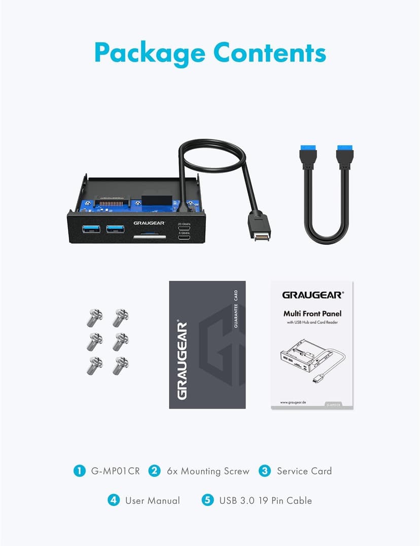 GRAUGEAR 3.5 Inch Front Panel USB C Hub, SD/microSD Internal Card Reader, 20Gbps USB 3.2 Gen 2x2, USB3.2 Type-E Key-A 20-Pin Header & USB3.0 Header & 15-Pin SATA Power Connector Required [G-MP01CR]