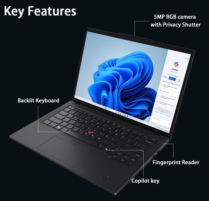 Lenovo ThinkPad T14 Gen 5 Business Laptop (14" FHD+, Intel Ultra 7 155U (>i7-13700H), 32GB DDR5 RAM, 1TB SSD), Fingerprint, Backlit, 5MP Webcam, Ethernet, Wi-Fi 6E, Win 11 Pro, 2025 AI PC, Black