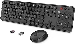 Wireless Keyboard and Mouse Combo, Ergonomic Full Size Typewriter Retro Round Keycaps Keyboard, Compatible with Windows, PC, Perfer for Home and Office Keyboards (Black