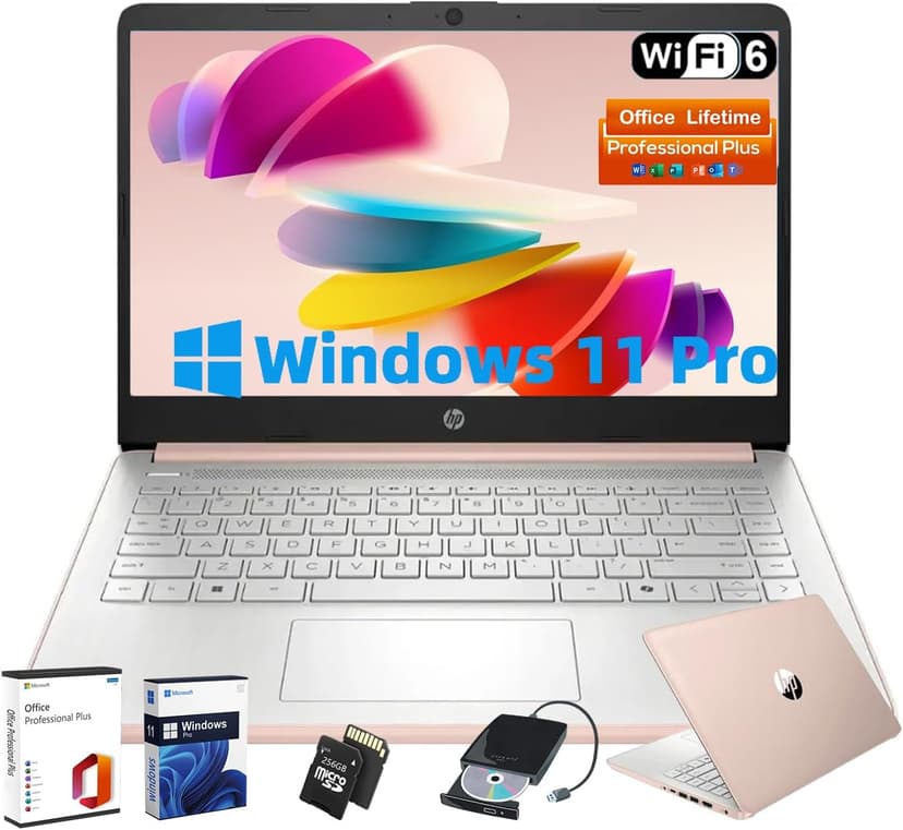 HP Business Student Laptop Computer - Windows 11 Pro & Microsoft Office Lifetime | 14 inch HD | AI-Powered, Long Batter Hr N-Serious Laptop| 16GB RAM, 128GB UFS, 256GB Extend Micro SD | Rose Gold
