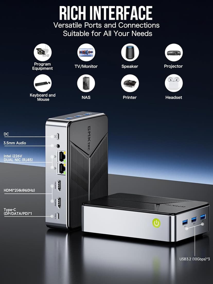 GMKtec Mini PC NAS Intel N150 Dual Boot System 12GB DDR5 64GB EMMC +512GB SSD Desktop Computer 4*M.2 NVMe Slots/Dual NIC 2.5GbE/ USB-C USB 3.2 10Gbps/ Network Attached Storage G9