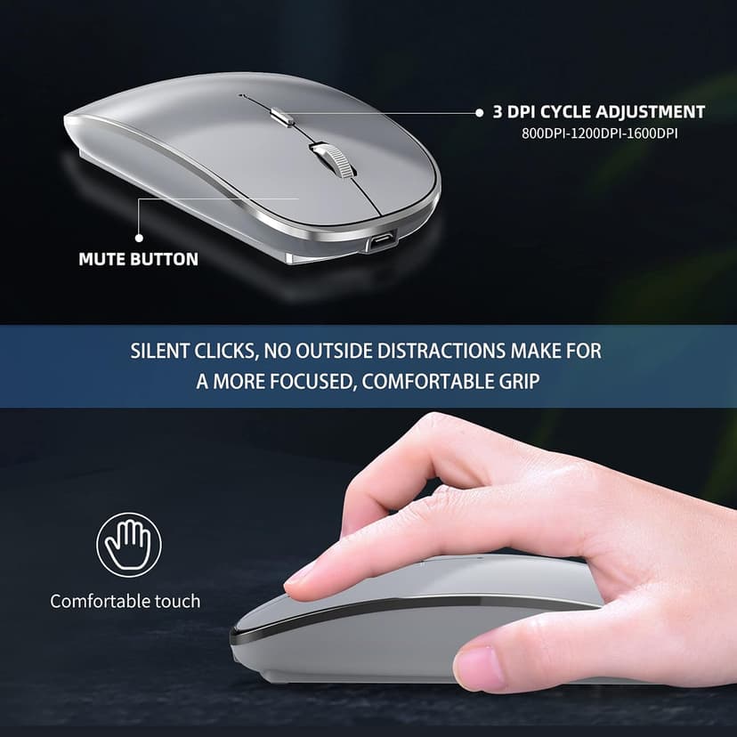 Wireless Mouse Chargeable Portable Silent USB and Type-C Dual Mode Wireless Mouse 3 Adjustable DPI for Laptop, Mac, Android, PC (Q23S Black) (Grey)