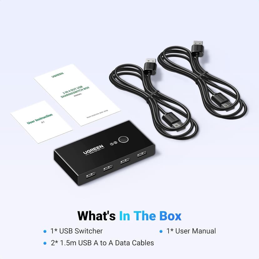 UGREEN USB Switch Selector 2 Computers Sharing 4 USB Devices USB 2.0 Peripheral Switcher Box Hub for Mouse Keyboard Scanner Printer PCs with One-Button Swapping and 2 Pack USB A to A Cable