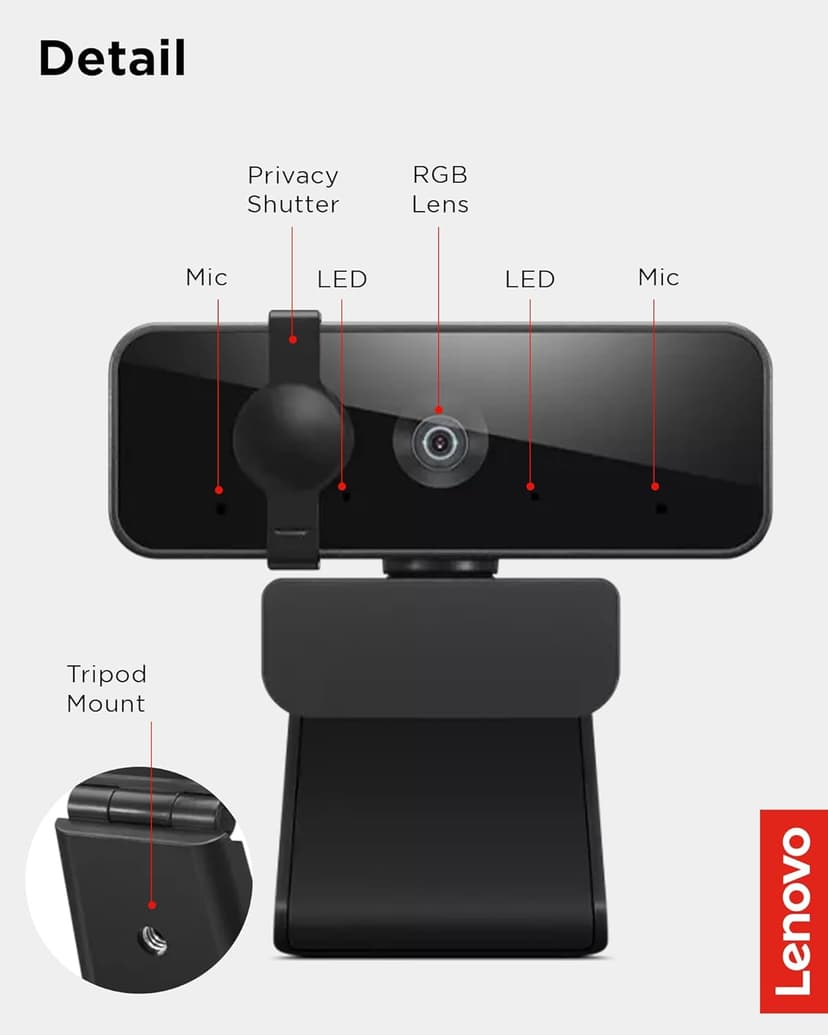 Lenovo Essential Full HD 1080P Webcam, Dual Microphone, No Driver 1.8m USB 2.0, Wide-Angle, Tilt-Control, 360-Degree Rotation, Black