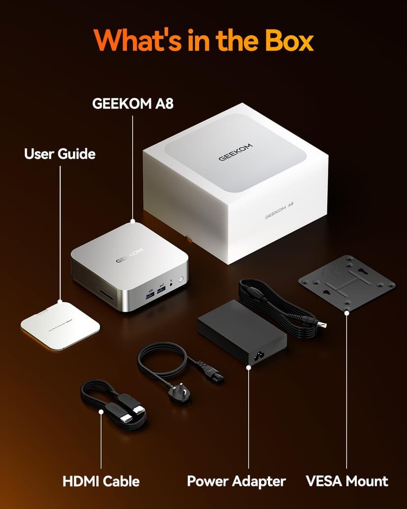 GEEKOM A8 Mini PC, AMD Ryzen 7 8745HS, 32GB DDR5 5600MHz 1TB PCIe 4.0 NVMe SSD, Windows 11 Pro Desktop Computer for Home&Business, Radeon 780M, USB4, 8K UHD, 4 Display | WiFi 6E, BT5.2, 2.5G LAN