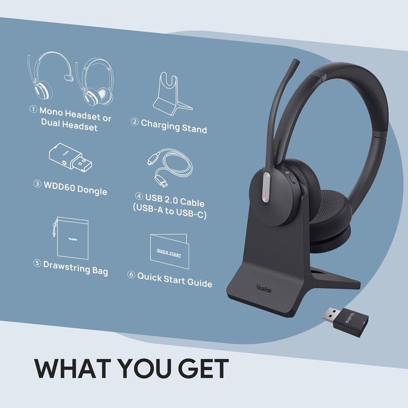 Yealink WH64 Hybrid Wireless Headset Dongle & Charging Stand, 492ft Range DECT&Bluetooth Headphones for Teams, Zoom UC,Dual Ear Noise Cancelling Portable Headsets with 3X Mic, 32H Calls,(PC/Phone)