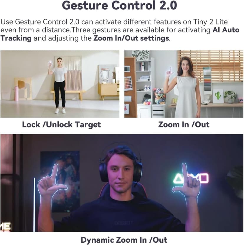 OBSBOT Tiny 2 Lite AI-Powered 4K UHD PTZ Webcam,1/2" CMOS 4X Digital Zoom AI Auto Tracking with Auto Zoom Gesture Control 2.0, LiveStream for Game/Meeting/Online Educate, W Mini Tripod