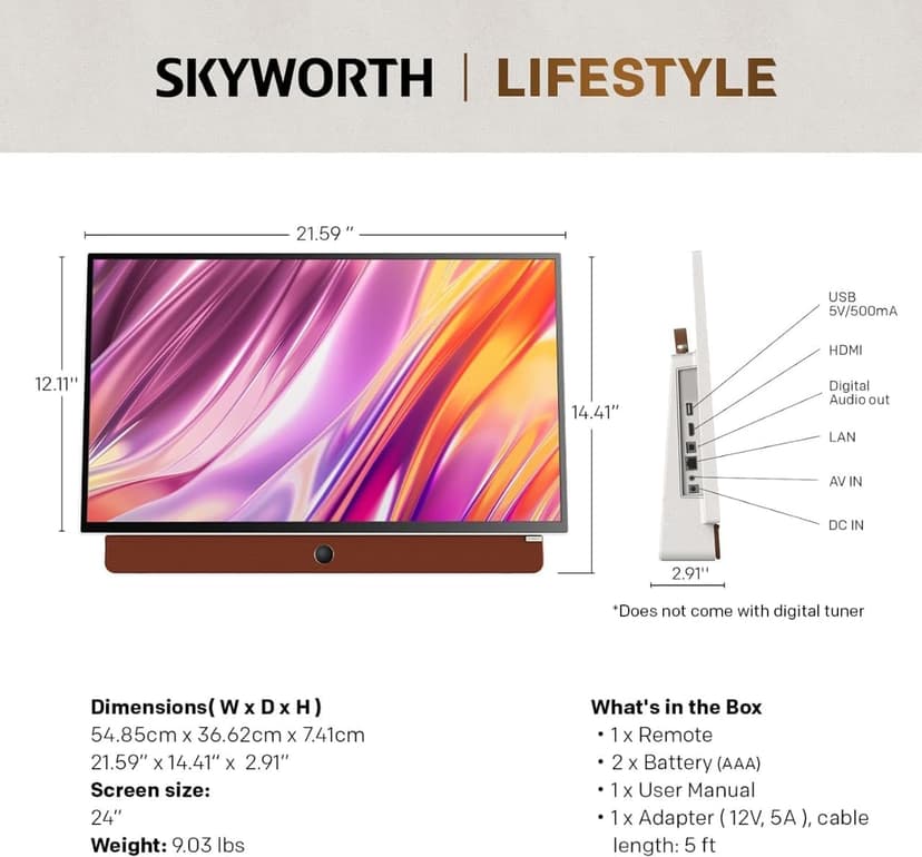 Skyworth 24-Inch Portable Smart Screen with Google TV, 3-Hour Battery Life 24P100 Companion Series 1080P FHD, Matte Screen, HDR10, Dolby Audio, LED, Bluetooth, Chromecast and Google Assistant