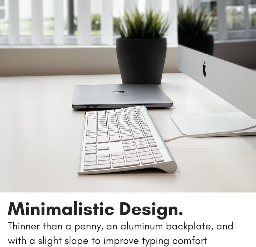 Macally Ultra Slim USB Wired Computer Keyboard - Compatible Apple Keyboard or Windows - Full Size with 20 Mac Keyboard Keys -with Numeric Keypad - Silver Aluminum Finish