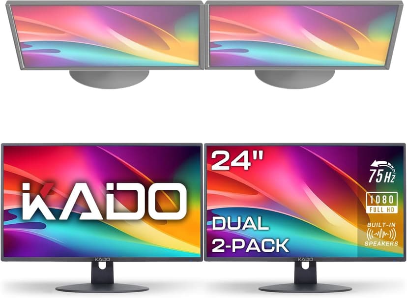 Kado Dual Monitor Setup - 2-Pack 24" 1920x1080 Computer Monitor 75Hz VESA Mount HDMI Office Gaming Hybrid Built-in Speakers (E24X Dual Series)