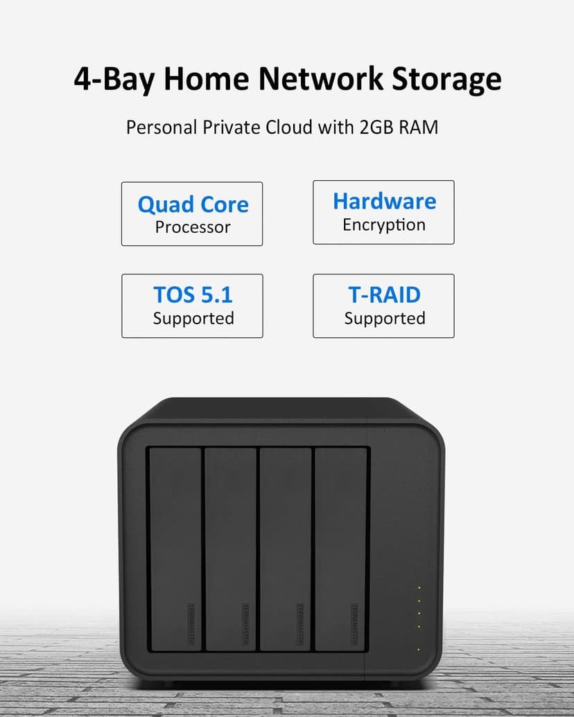TERRAMASTER F4-212 4 Bay NAS - Quad Core CPU, 2GB DDR4 RAM, Network Attached Storage Personal Cloud with Rich Backup Solutions (Diskless)