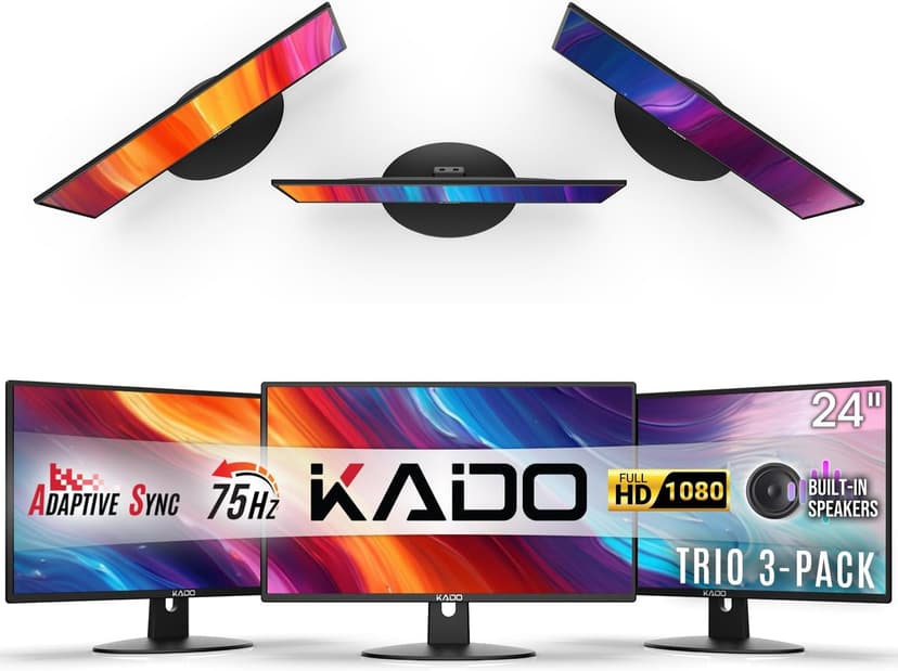 Kado Triple Monitor Setup - 3-Pack 24" 1920x1080 Computer Monitor 75Hz VESA Mount HDMI Office Gaming Hybrid Built-in Speakers (E24 Trio Series)