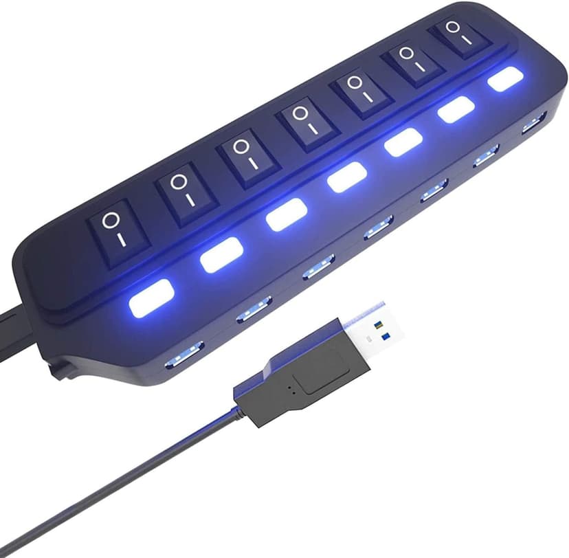 USB Hub 3.0, 7 Port USB Hub Splitter with Individual On/Off LED Switches, 5Gbps HighSpeed Data USB Extension for Laptop, iMac, USB Flash Drives, Mobile HDD, Printer, Camera and More