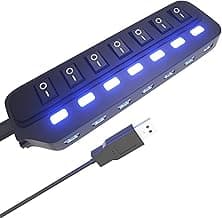 USB Hub 3.0, 7 Port USB Hub Splitter with Individual On/Off LED Switches, 5Gbps HighSpeed Data USB Extension for Laptop, iMac, USB Flash Drives, Mobile HDD, Printer, Camera and More