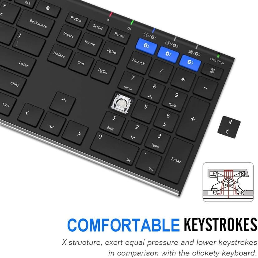 Arteck HB192 Universal Bluetooth Keyboard Multi-Device Stainless Steel Full Size Wireless Keyboard for Windows iOS Android Computer Desktop Laptop Surface Tablet Smartphone Rechargeable Battery