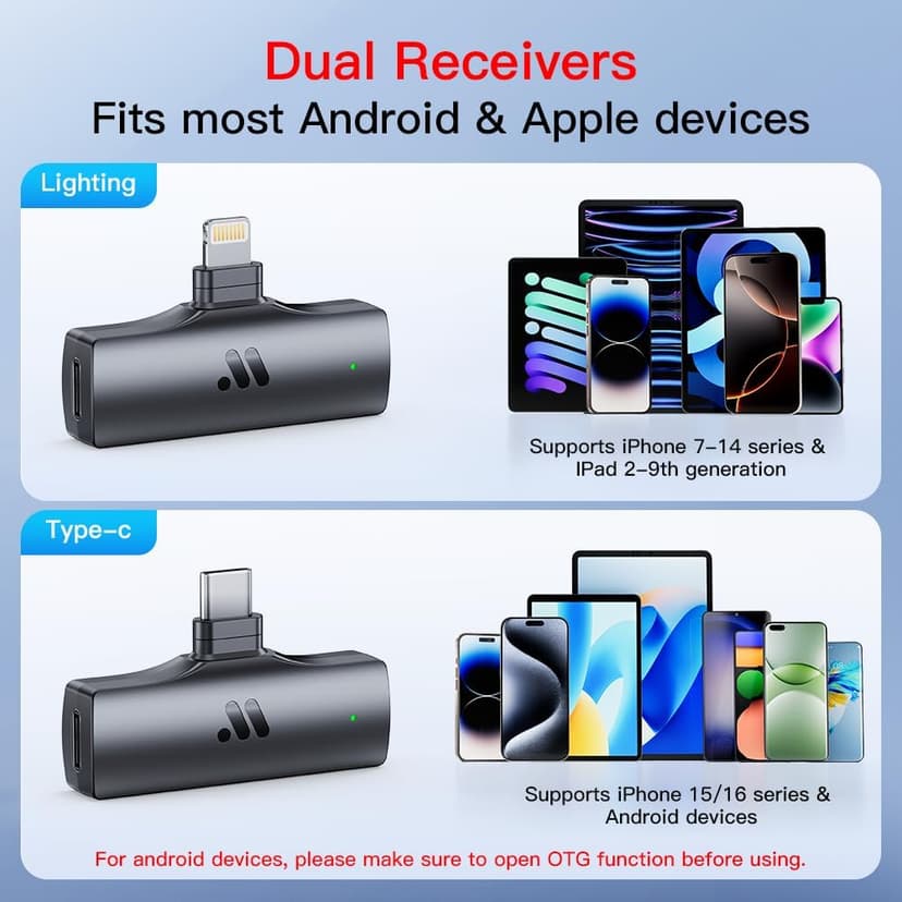 2pcs Dual Receivers Mini Microphone for iPhone 7-16 iPad Android Video Recording,Lavalier Wireless Microphone for Game Live Streaming,Interviews,YouTube,TikTok,Vlog,Gift