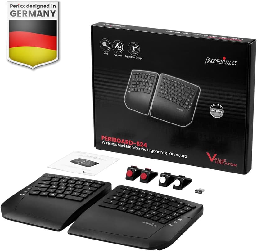 Perixx PERIBOARD-624B US, Wireless Ergonomic Split Keyboard - Up 30 Ft Separation - Adjustable Tilt Angle - Low Profile Membrane Keys - Black - US English