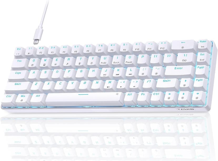 TMKB T68SE 60% Mechanical Gaming Keyboard – Ultra-Compact 68 Keys Wired Keyboard with Blue Switches, LED Backlit, Dedicated Arrow & Control Keys – White – for Windows PC/Laptop/Gamers/Typists