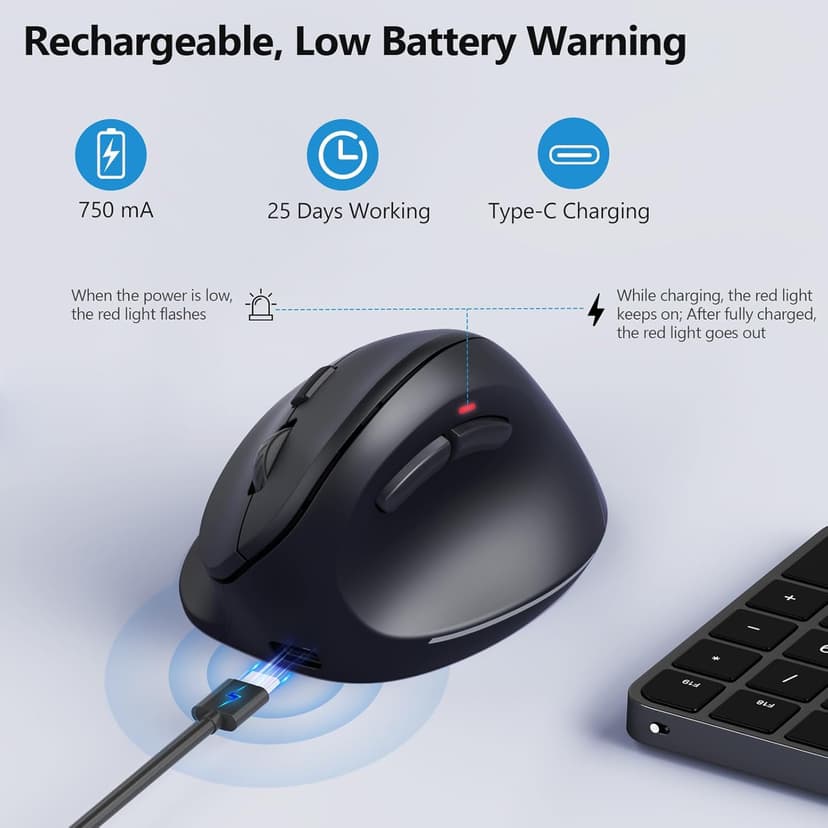 AUTLEY Ergonomic Mouse for Large Hands, Rechargeable Vertical Mouse, 2.4GHz Wireless Computer Mouse for Windows/macOS - 6 Buttons, Low Power Warning, 800/1200/1600 DPI, Black