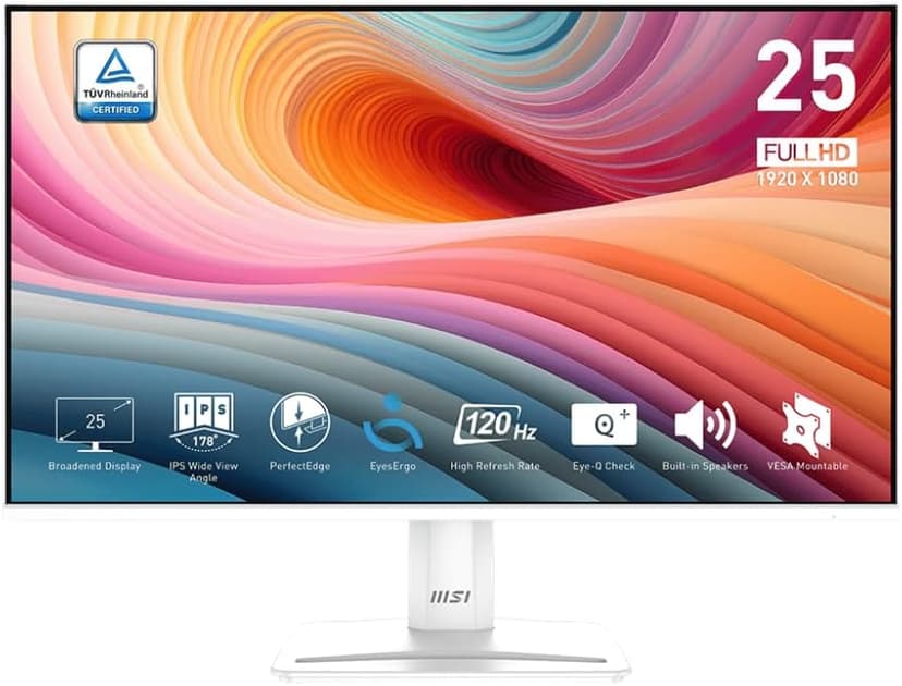 MSI PRO MP251W E2 24.5-inch IPS 1920 x 1080 (FHD) Gaming Office Monitor, 120Hz, Adaptive-Synch, HDR Ready, HDMI, VGA Port, Display Port,VESA Mountable, Tilt, Speaker, 4-Side Slim Bezel,1ms, White