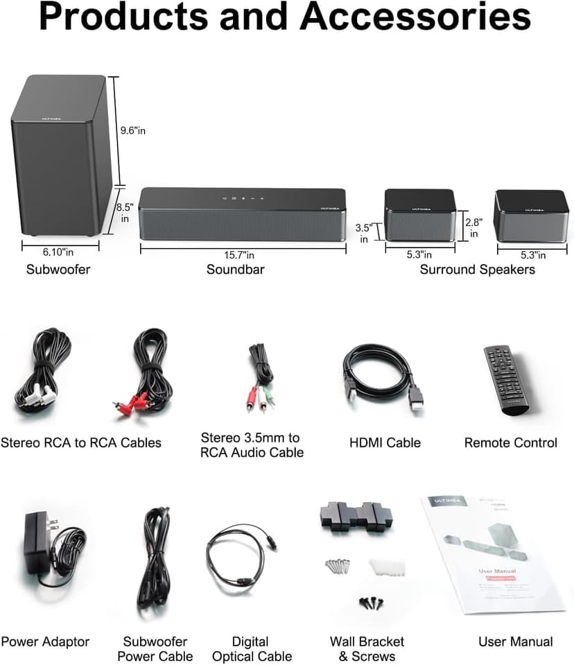 ULTIMEA 5.1 Sound Bar for Smart TV, Virtual Surround Sound System for TV, 320W Peak Power, Adjustable Surround Speakers and Subwoofer, APP Control, Home Theater Soundbar Poseidon D50(2025 New Model)