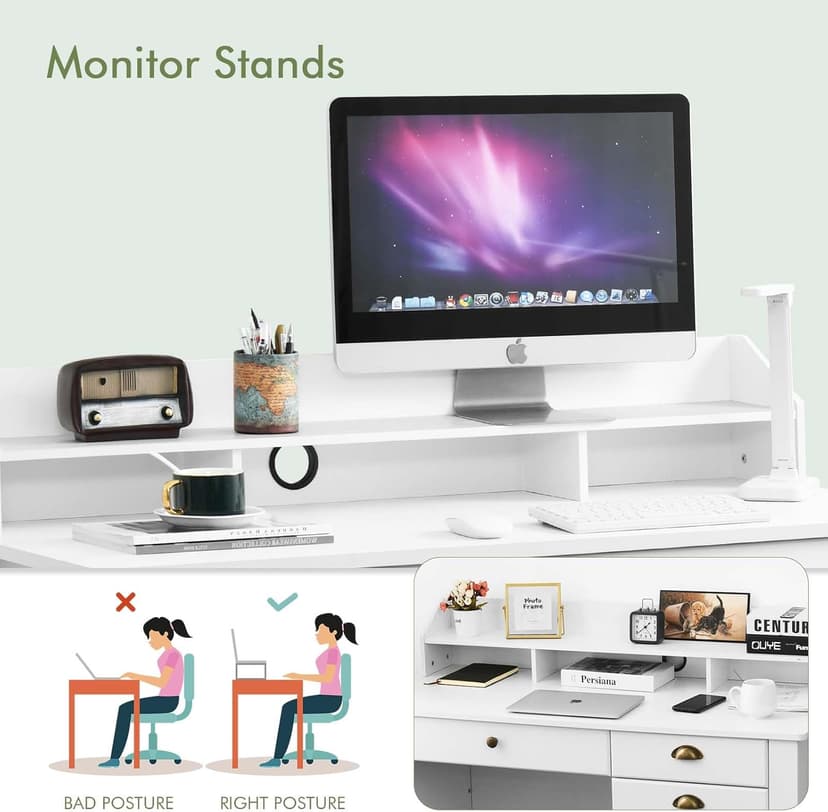Catrimown Computer Desk with Drawers and Hutch, 47 Inch Home Office Desk with File Drawers, Student Girls Desks, Teens Writing Table with Hutch, Small Desk with Drawer for Bedroom, White