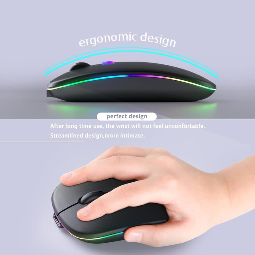 Wireless Bluetooth Mouse – Rechargeable, Silent, Dual Mode (Bluetooth 5.2 & USB) with LED Lights – Portable for Laptop, Desktop, & Tablet(Black)