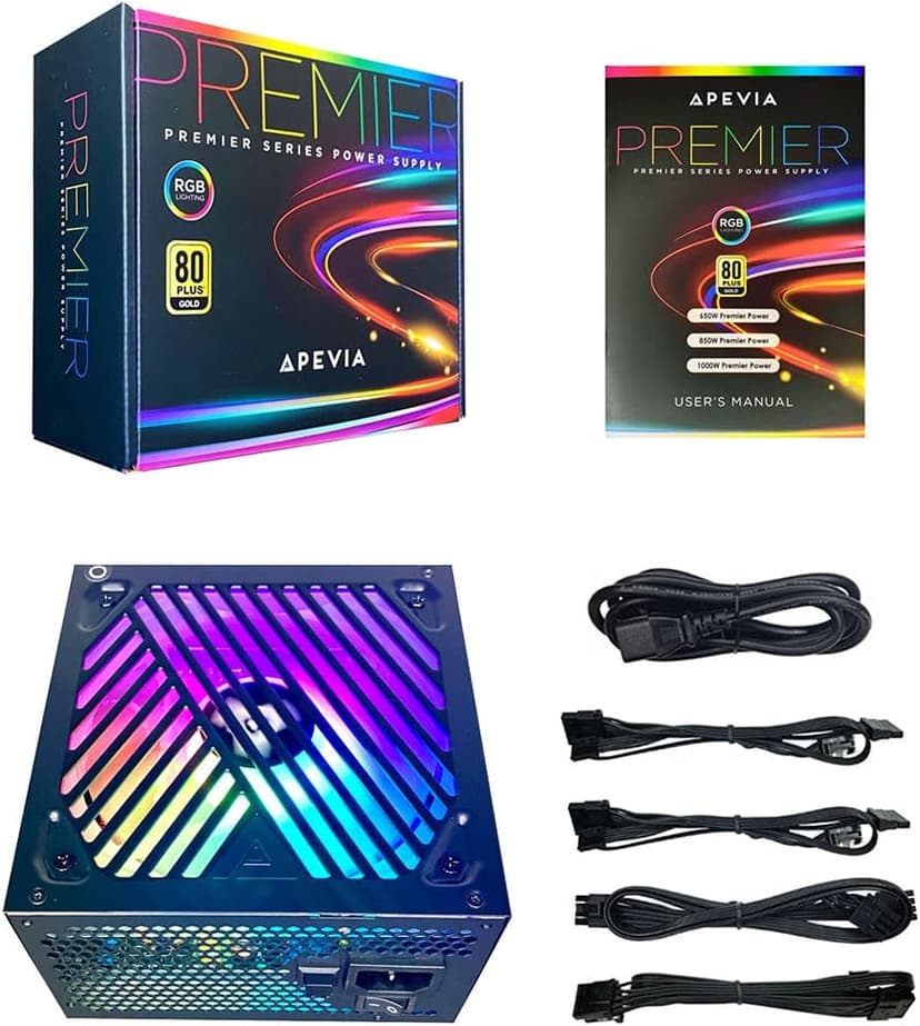 Apevia ATX-PM650W Premier 650W 80+ Gold Certified Active PFC ATX Semi-Modular Gaming Power Supply with 366 RGB Light Modes