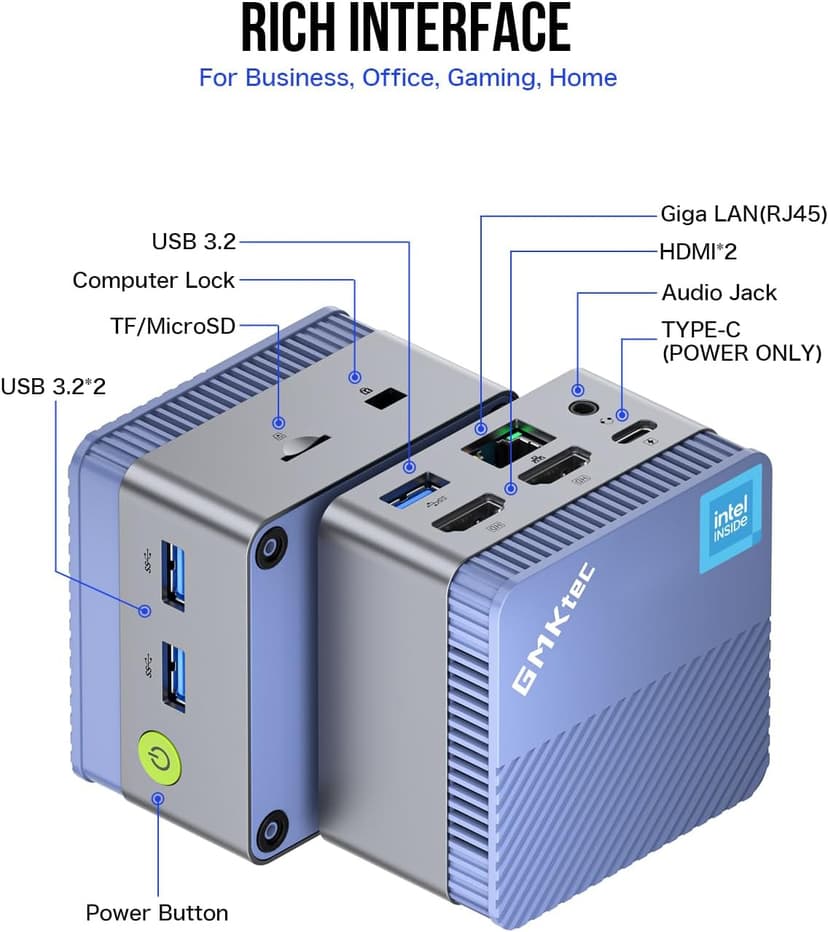 GMKtec Mini PC, G5 Micro Desktop Computer, 12th Gen Intel Alder Lake N97 (up to 3.60GHz) 12GB DDR5 256GB Hard Drive for Business, School, Office Sky Blue
