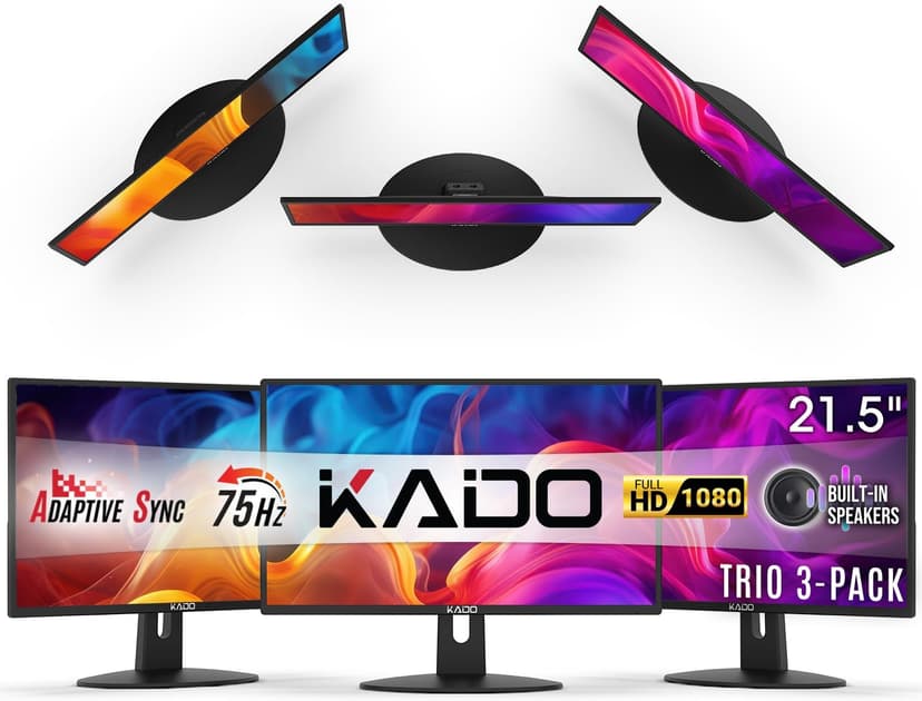 Kado Triple Monitor Setup - 3-Pack 22" 1920x1080 Computer Monitor 75Hz VESA Mount HDMI Office Gaming Hybrid Built-in Speakers (E22 Trio Series)
