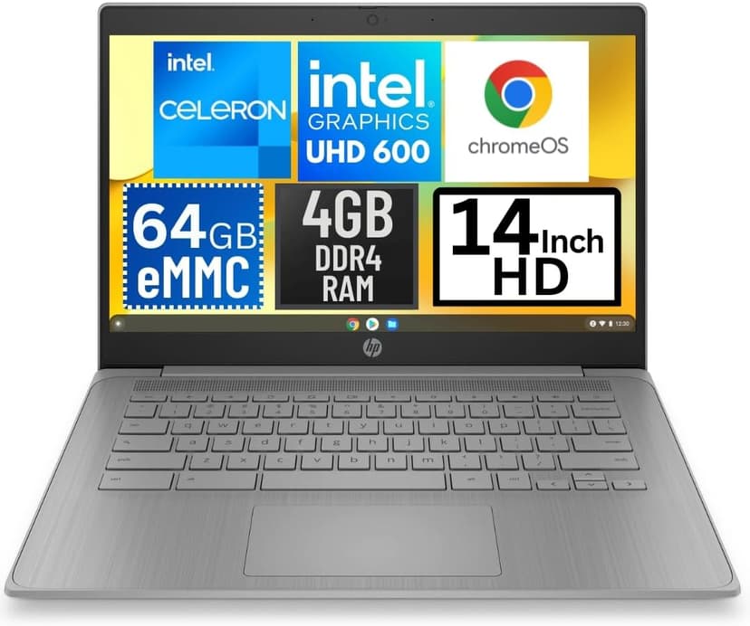 HP 14a-ne0013dx 14 Inch HD Chromebook Laptop Intel Celeron N4120 1.1GHz 4GB DDR4 RAM 64GB eMMC Intel UHD Graphics 600 Wi-Fi Bluetooth Webcam HDMI USB C Ports Chrome OS (Renewed)
