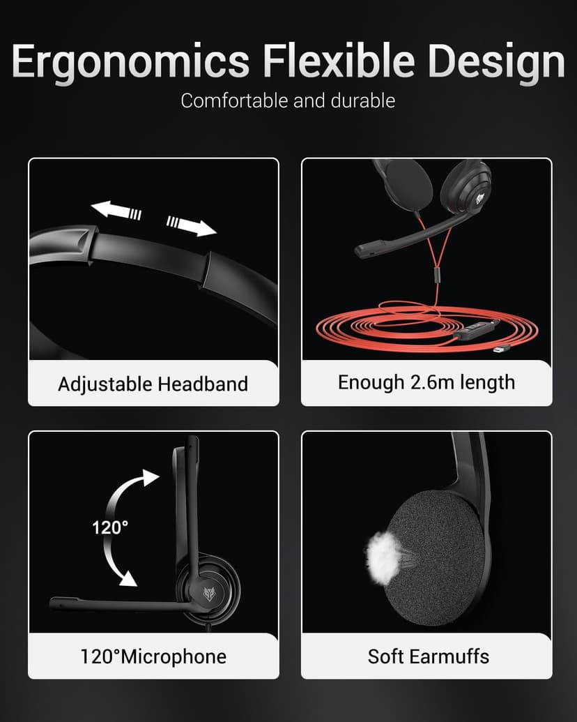 NUBWO HW02 USB Computer Headset with Clear Chat Microphone, Lightweight On-Ear Wired Headset for MS Teams, Skype, Webinars, Call Center and More (Black)