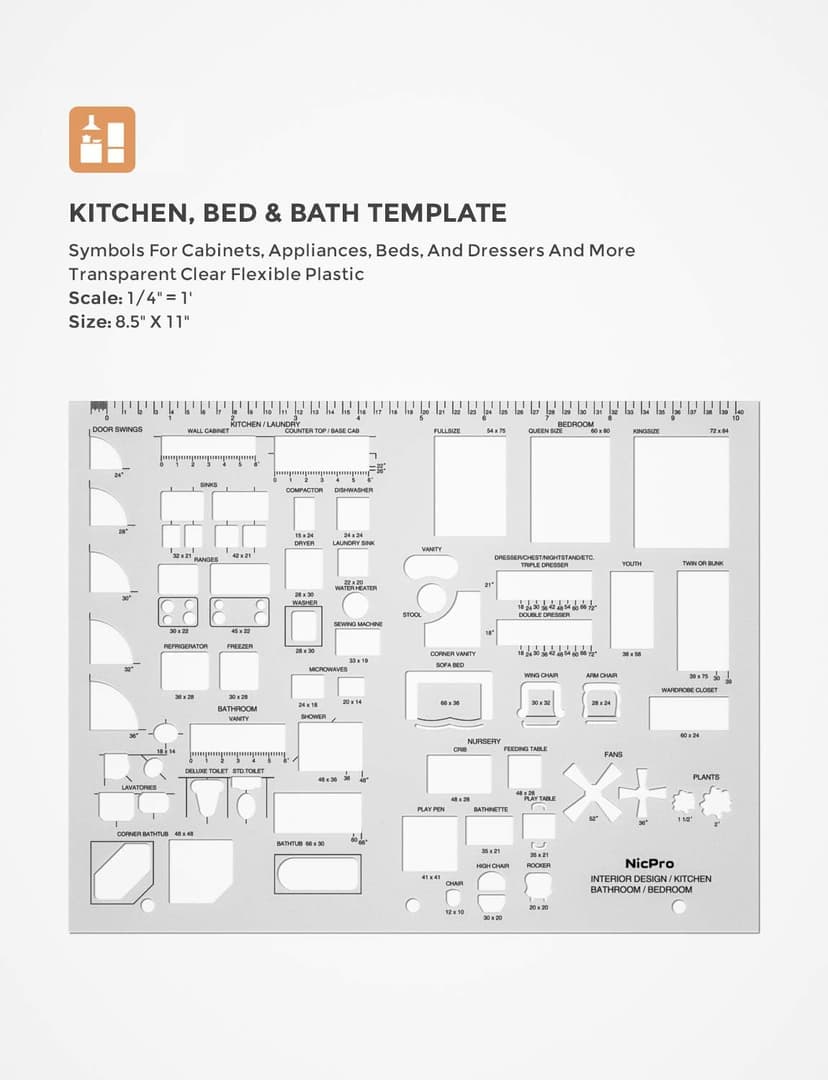 Nicpro Architectural Drafting Tools, 3 PCS Templates for House Plan Furniture Kitchen, Building, Interior Design CAD Drawing, Geometry Measuring Template Ruler Supplies