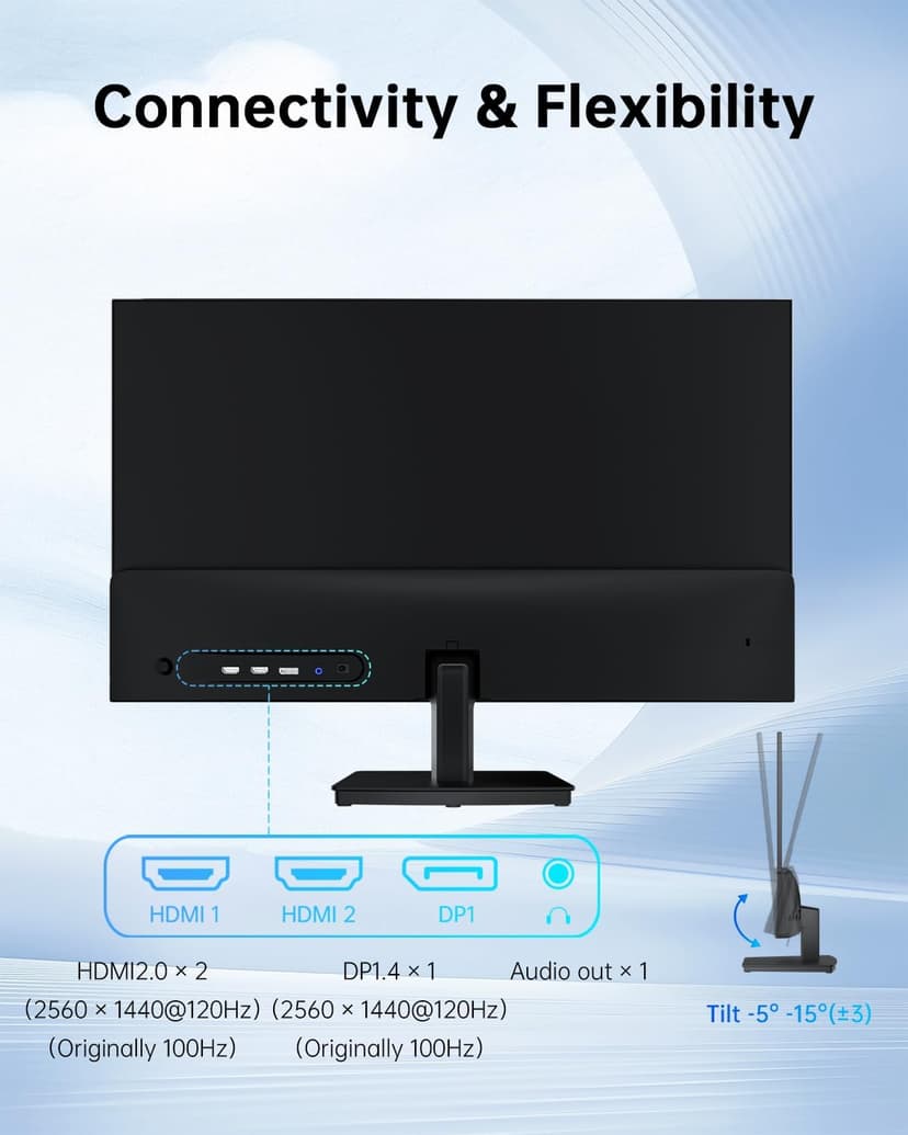 27 Inch Computer Monitor - QHD (2560 x 1440) Display, Up to 120Hz Monitor, IPS Panel, 123% sRGB, HDMI 2.0 x 2 & DP 1.4 x1, Freesync & G-sync, Eye-Friendly Screen PC Monitors for Work Gaming