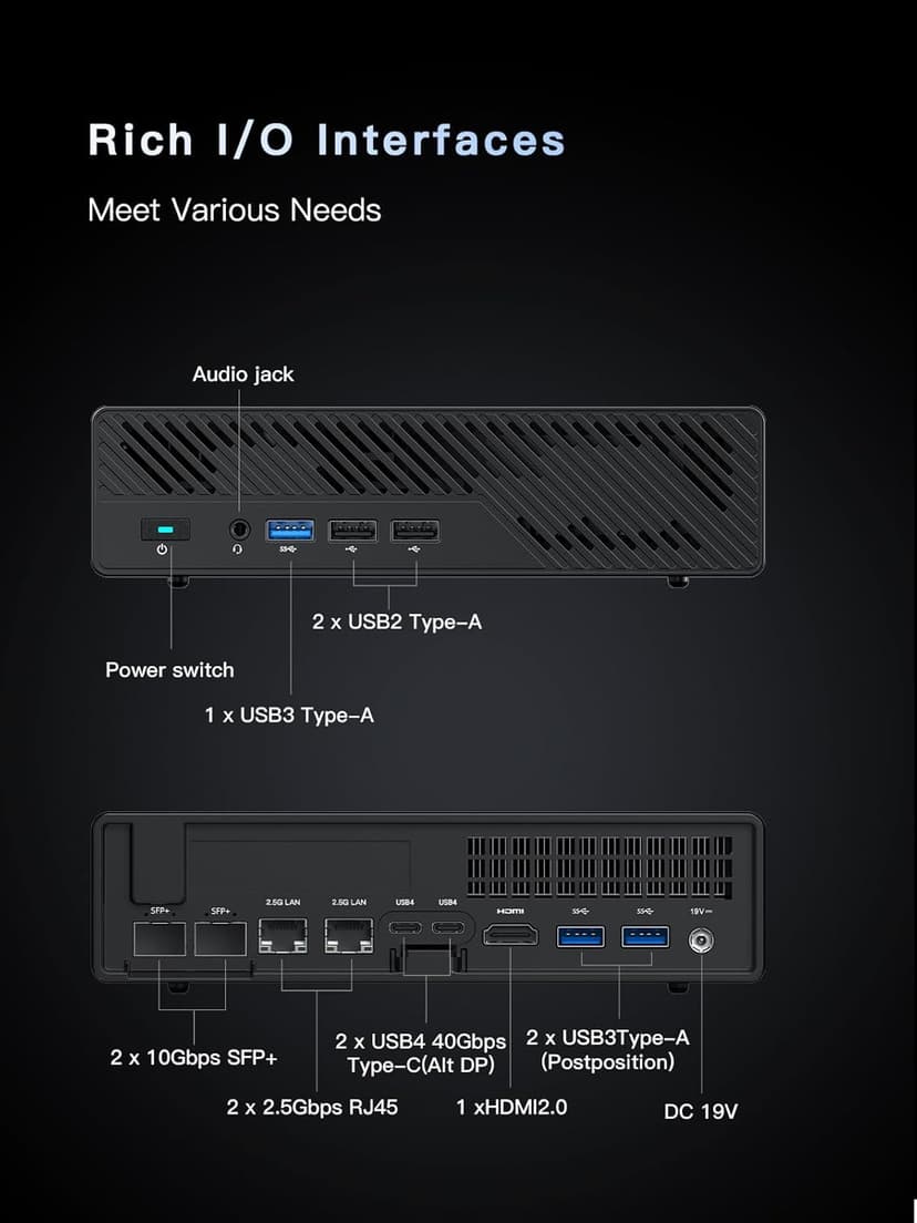 MINISFORUM MS-01 Mini Workstation Core i5-12600H 32GB RAM 1TB SSD Mini PC, HDMI + 2xUSB4 8K Display, 2x10G SFP+ Port, 2x2.5G LAN Port, Support M.2 2280/22110/U.2 SSD/RTX 3050 Graphics Cards
