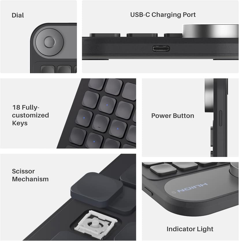 HUION Keydial Mini Bluetooth Programmable Keypad with Dial 5 Keys Anti-ghosting 18 Customized Keys, Wireless Shortcut Keyboard for Drawing Tablet, PC, MacBook, Surface Pro, Laptops