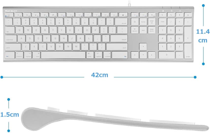 Macally Ultra Slim USB Wired Computer Keyboard - Compatible Apple Keyboard or Windows - Full Size with 20 Mac Keyboard Keys -with Numeric Keypad - Silver Aluminum Finish