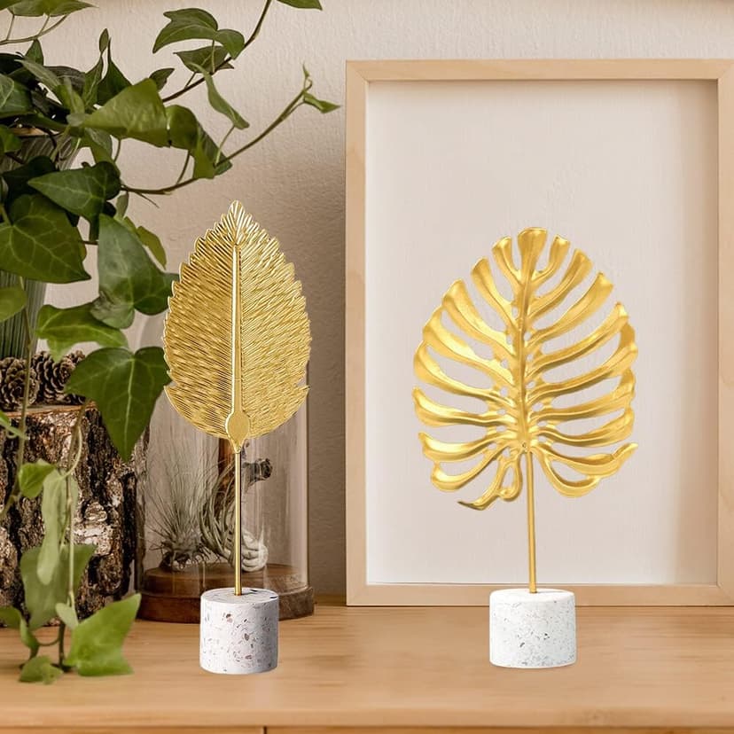 Gold Leaf Statues, Modern Metal Iron Art Crafts Sculpture Golden Leaves Sculpture with Base, Desktop Ornaments Home Office Figurine for Table Decor