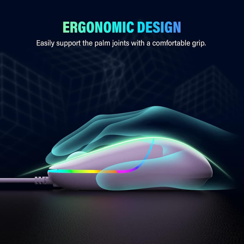 Gaming Mouse, USB Computer Mouse Wired with RGB Backlit, 4 Adjustable DPI up to 6400, Ultra Silent, Optical Computer Mice with Ergonomic Design, for Laptops PC Windows (Purple)