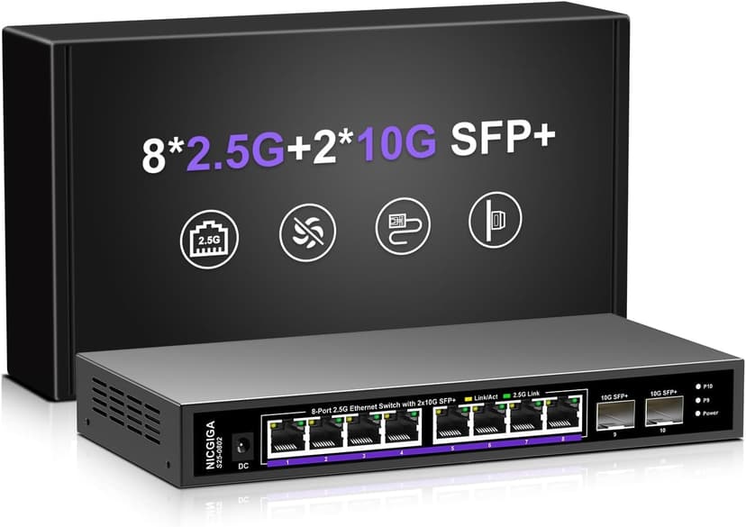 10 Port 2.5Gb Unmanaged Ethernet Switch with 8* 2.5G Base-T Ports + 2* 10G SFP+ Ports. NICGIGA 8 Port 2.5Gbps Network Switch for 2.5Gbps NAS/PC, WiFi6 Router, Wireless AP. Fanless Design.