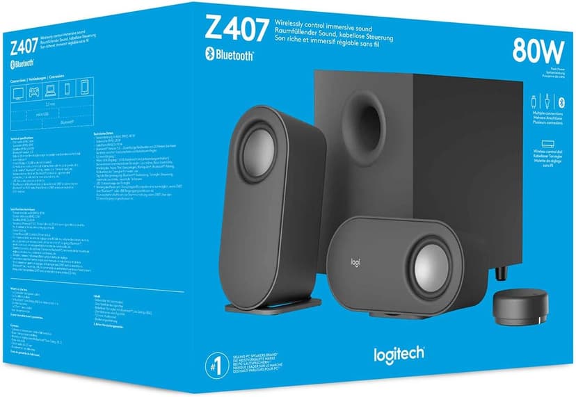Logitech Z407 Bluetooth Computer Speakers with Subwoofer and Wireless Control, Immersive Sound, Premium Audio with Multiple Inputs, USB Speakers, Black