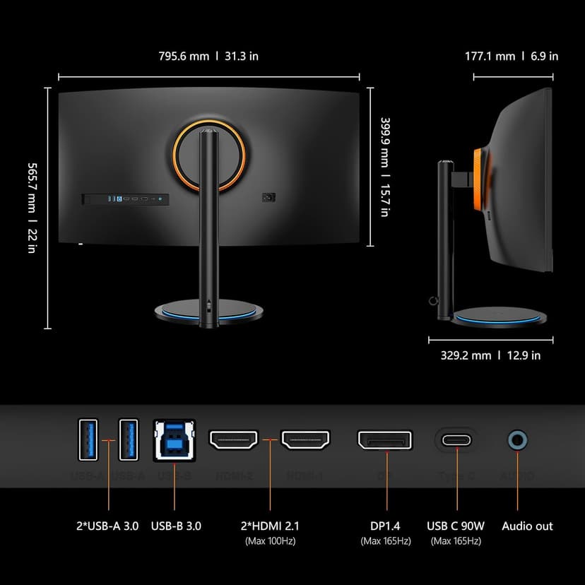 INNOCN 34" Curved Ultrawide Gaming Monitor 3440 x 1440p 165Hz PC Computer Monitor Gamer, USB Type C Power Delivery, HDMI, DP, Built-in 2.1 Stereo Speakers, Charger Pad, Black, 34G1R