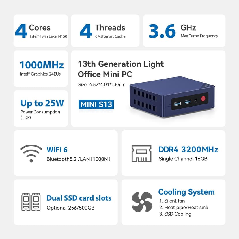 Beelink Mini PC, Mini S13 PRO Intel 13th N150(Up to 3.6GHz), 16GB DDR4 500GB SSD, Computer Support 4K Dual HDMI Display/WiFi6/BT5.2/USB3.2/WOL Home/Office
