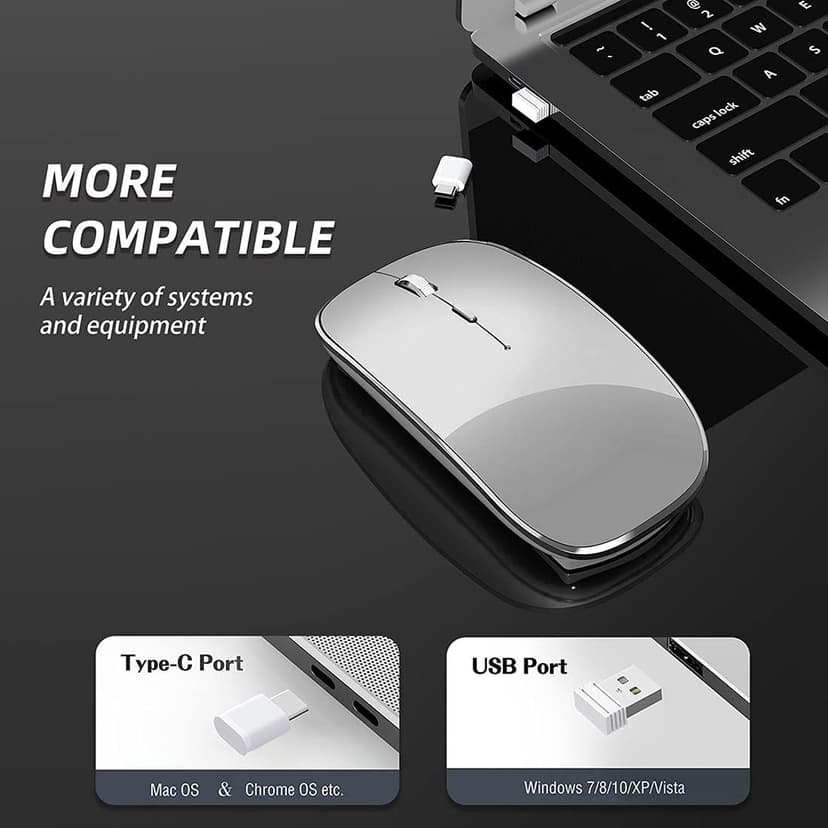 Wireless Mouse Chargeable Portable Silent USB and Type-C Dual Mode Wireless Mouse 3 Adjustable DPI for Laptop, Mac, Android, PC (Q23S Black) (Grey)