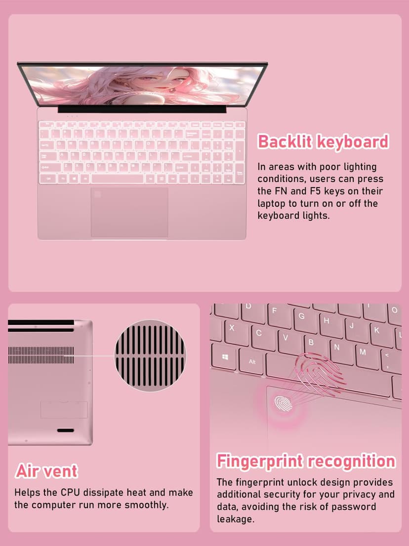 32GB RAM 1TB SSD Pink Laptops Computer, N150 up to 3.60GHz, 15.6" FHD Display, 8000mAh Battery, Backlit Keyboard, Fingerprint, Win11 Pro for School, Zoom, Streaming, and Travel 2 Year Warranty